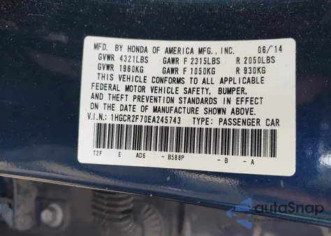 2014 Honda Accord Ex from USA, damaged, VIN 1HGCR2F70EA245743